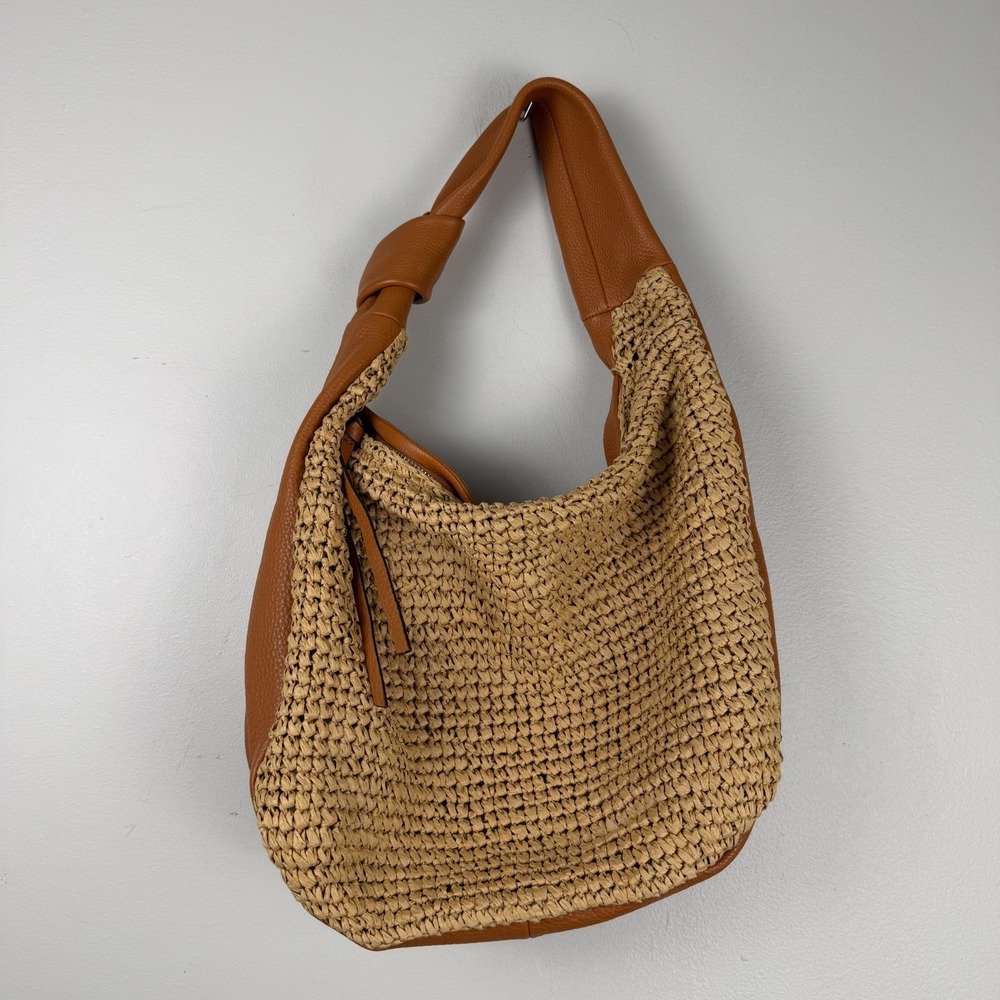 Vince Camuto Hobo Shoulder Bag Women's Brown Woven Straw Raffia Knotted Strap